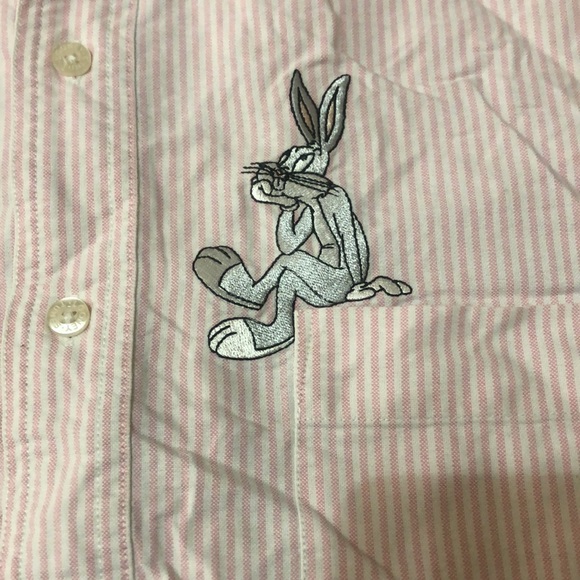 Vintage 90s Warner bros bugs bunny pink pinstriped button down - Picture 2 of 3